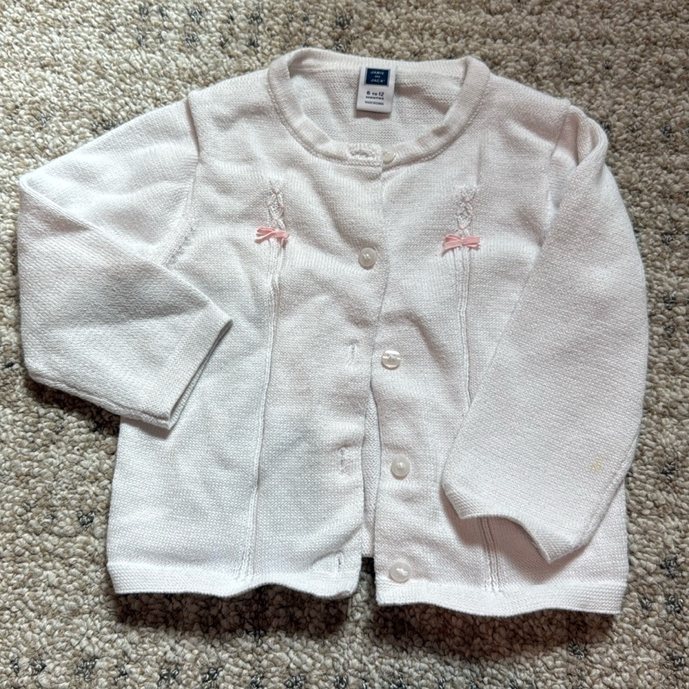 Janie & Jack white button up cardigan sweater with pink bows. 6-12 month girl